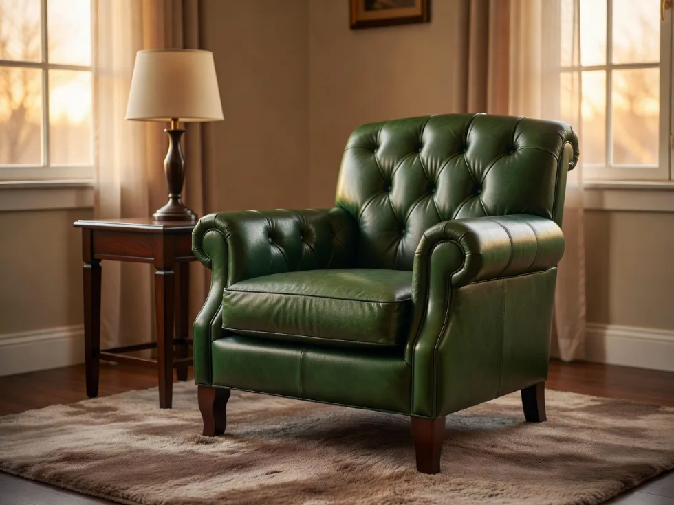 Antika Yeşil Deri Chesterfield Berjer