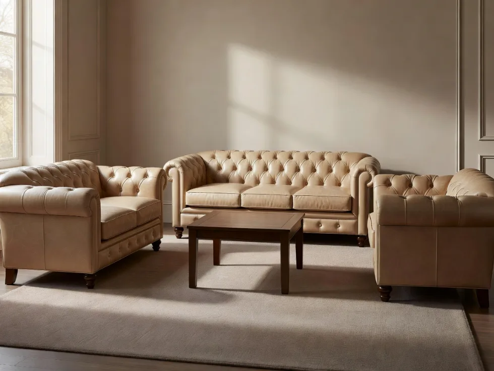 Bej Chesterfield Deri Koltuk Takımı
