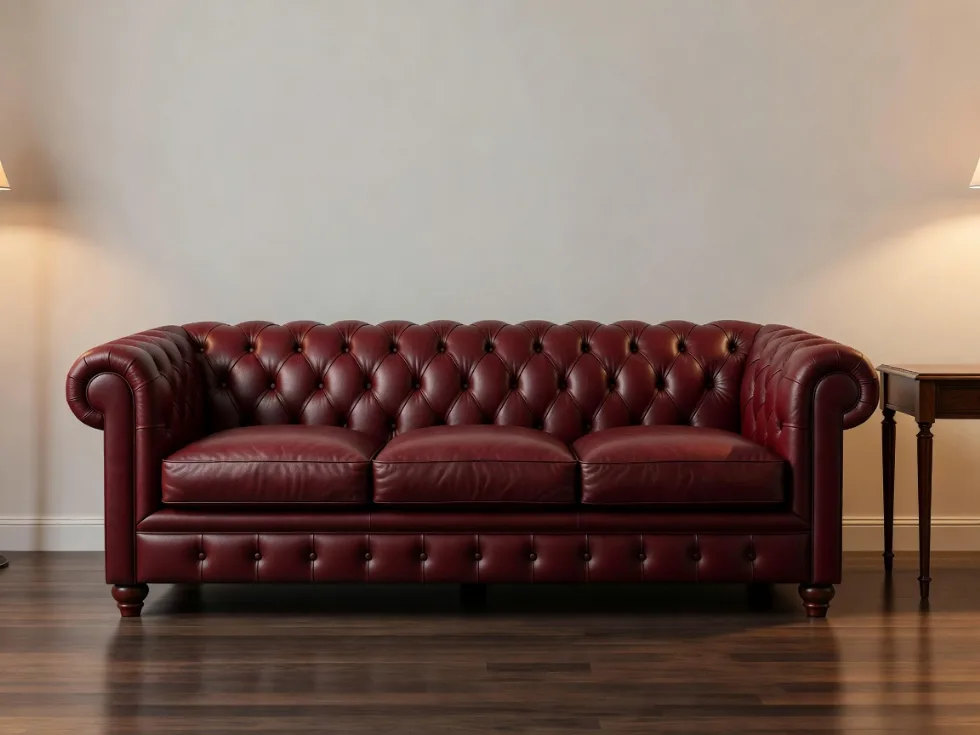 Bordo Üç Kişilik Chesterfield Deri Kanepe