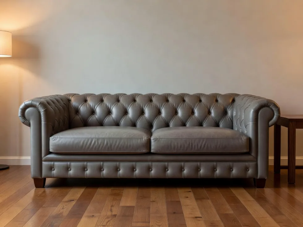Gri Chesterfield Deri İki Kişilik Kanepe