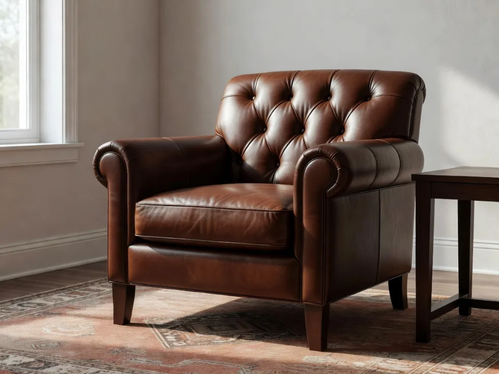 Kahverengi Chesterfield Deri Berjer Koltuk