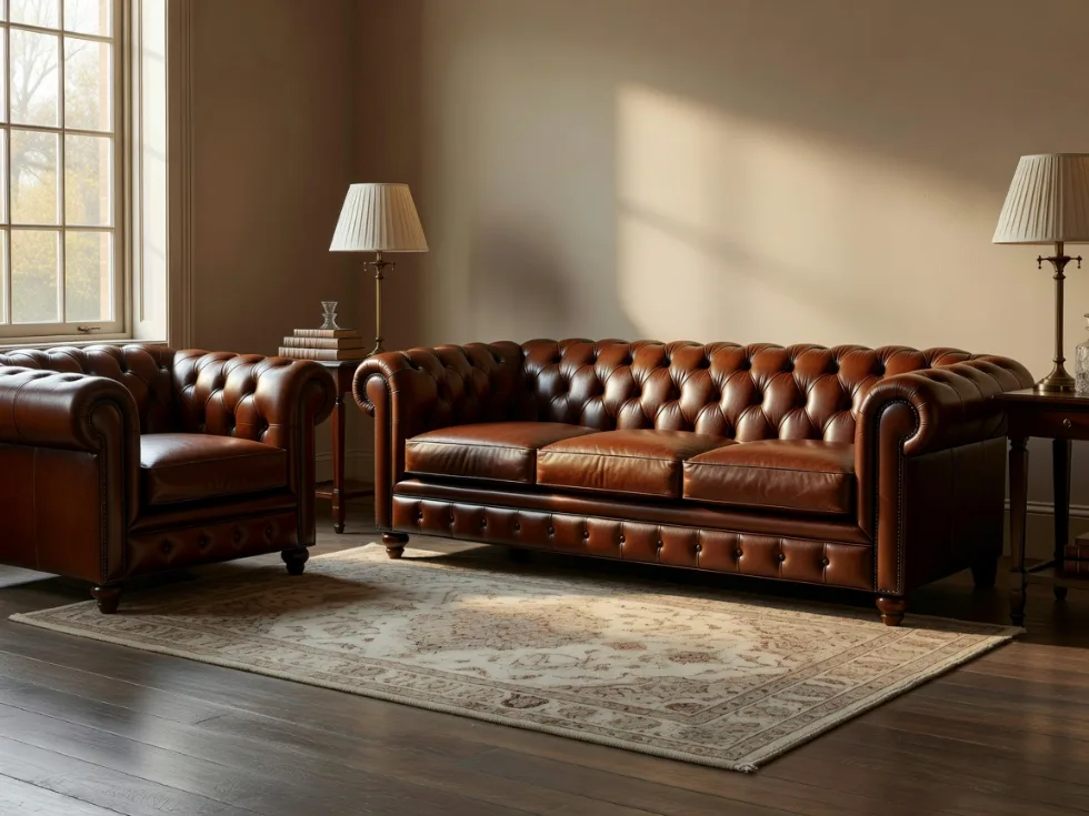 Kestane Rengi Chesterfield Deri Koltuk Takımı
