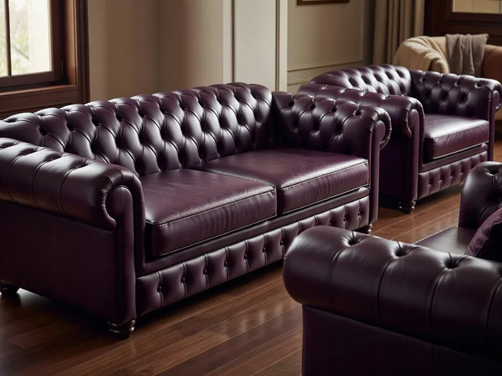 Mürdüm Renk Chesterfield Deri Koltuk Takımı