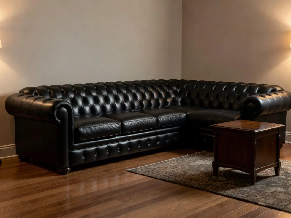 Siyah Chesterfield Deri Köşe Koltuk