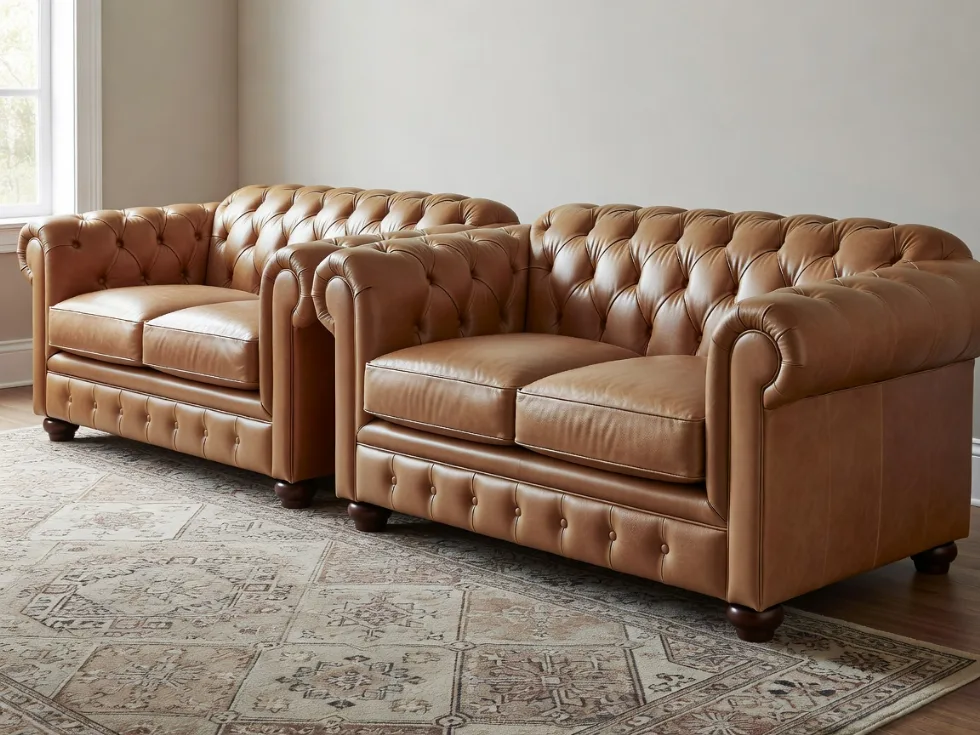 Taba Renk Chesterfield Deri Koltuk Takımı