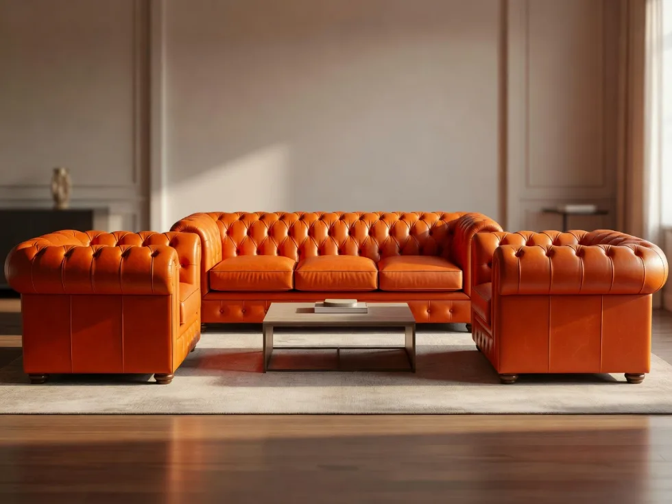 Turuncu Chesterfield Deri Koltuk Takımı