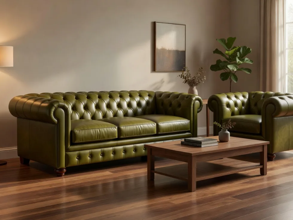 Zeytin Yeşili Chesterfield Deri Koltuk Takımı
