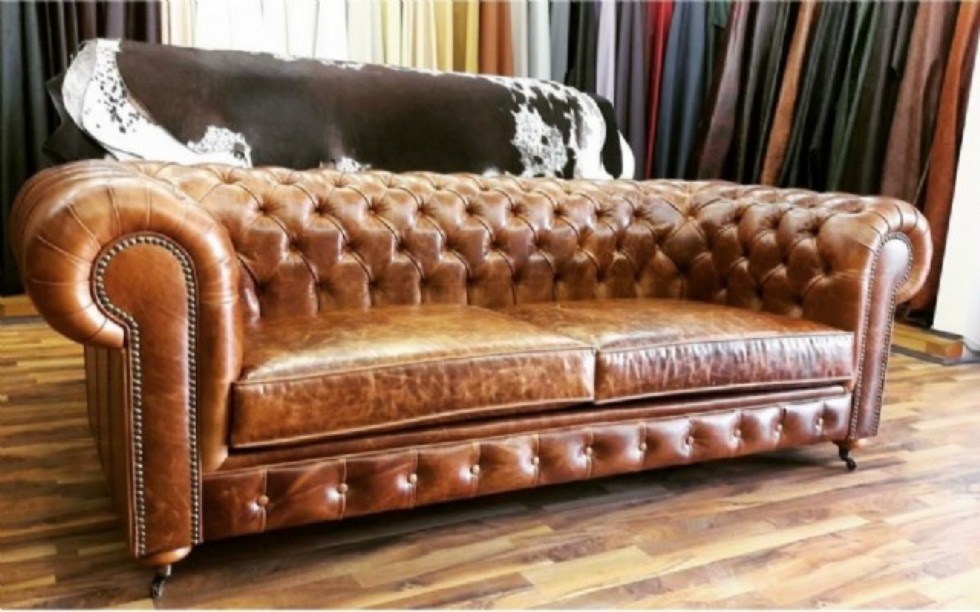 Chesterfield Üçlü Kanepe Modeli Gerçek Deri