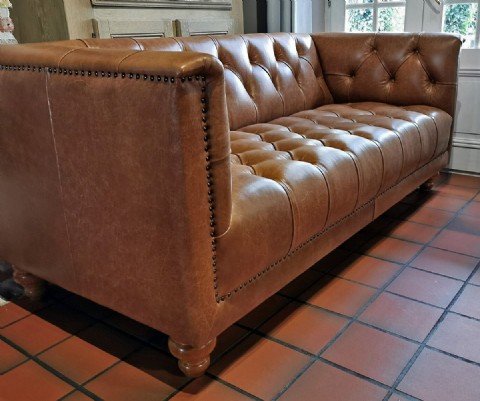 Taba Renk Gerçek Deri Koltuk Komple Kapitoneli Chester Kanepe