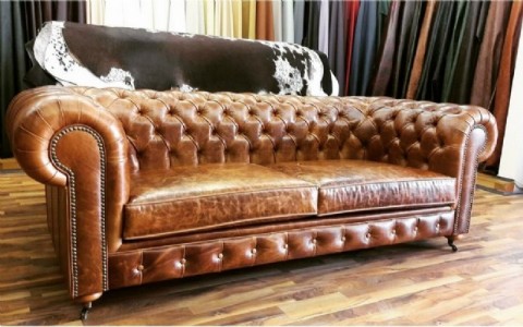 Chesterfield Üçlü Kanepe Modeli Gerçek Deri