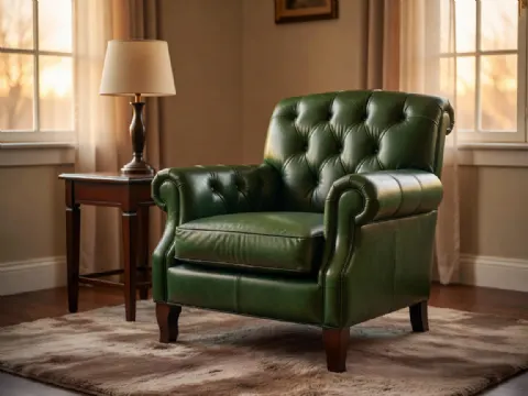 Antika Yeşil Deri Chesterfield Berjer