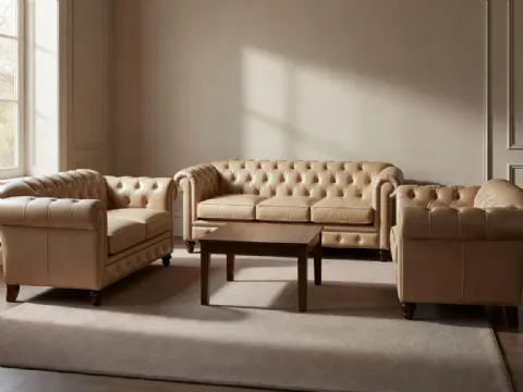 Bej Chesterfield Deri Koltuk Takımı