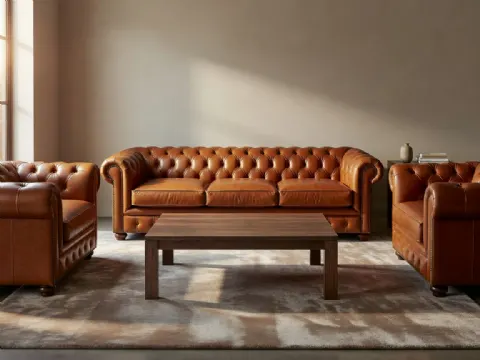 Camel Renk Chesterfield Deri Koltuk Takımı