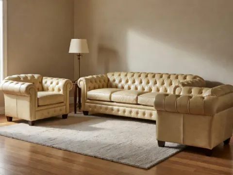 Ekru Chesterfield Deri Koltuk Takımı