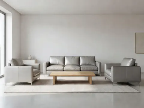 Gümüş Gri Deri Koltuk Modern Takım