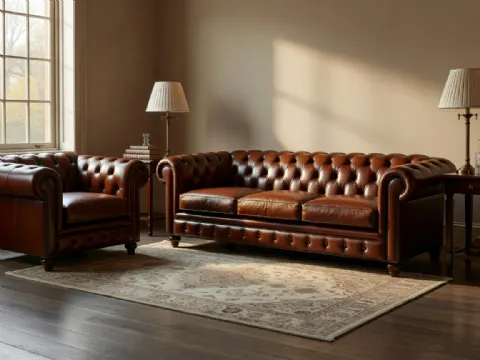 Kestane Rengi Chesterfield Deri Koltuk Takımı
