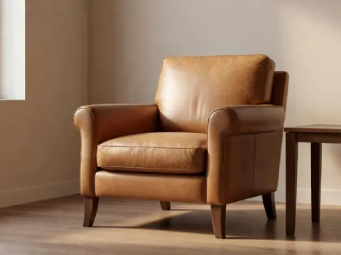 Kum Rengi Ahşap Ayaklı Hakiki Deri Berjer