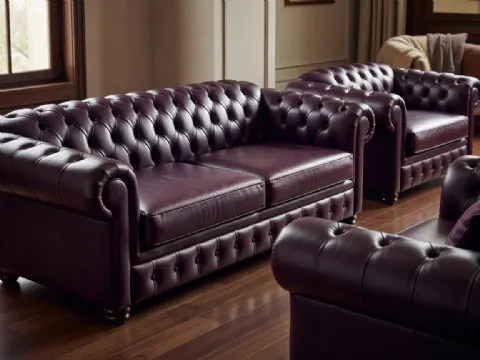 Mürdüm Renk Chesterfield Deri Koltuk Takımı