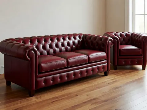 Şarap Kırmızısı Deri Chesterfield Koltuk Takımı