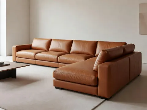 Taba Renk Beş Kişilik Deri Köşe Koltuk