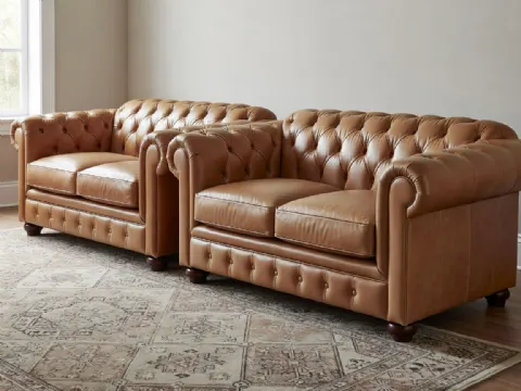 Taba Renk Chesterfield Deri Koltuk Takımı