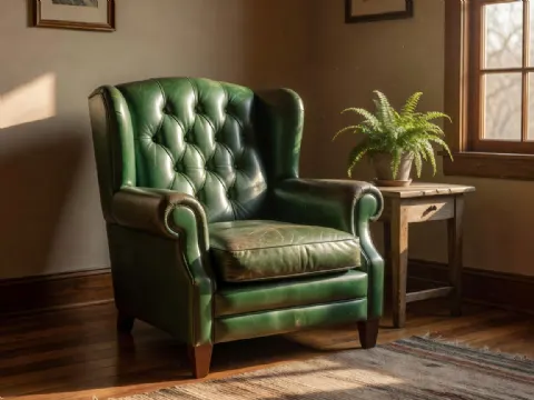 Yeşil Deri Kulaklı Vintage Koltuk