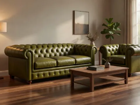 Zeytin Yeşili Chesterfield Deri Koltuk Takımı