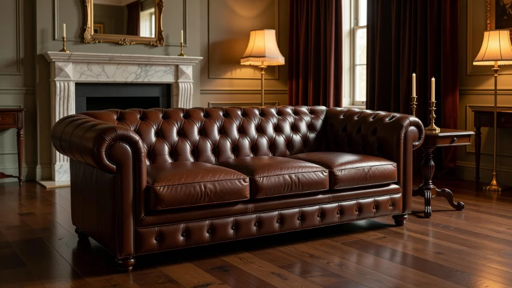 Çikolata Kahve Chesterfield Deri Koltuk Takımı ile Klasik Salon Dekorasyonu