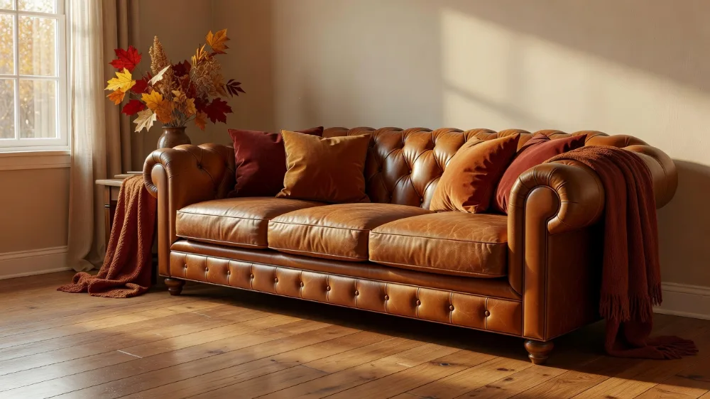 Karamel Rengi Chesterfield Deri Koltuk Takımı ile Sıcak Bir Oturma Odası