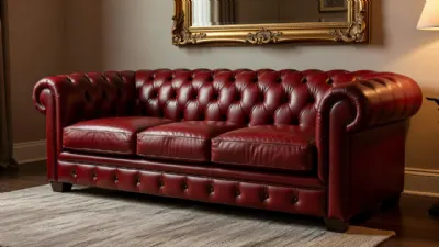 Vişne Rengi Chesterfield Deri Koltuk Takımı ile Görkemli Bir Salon Dekorasyonu